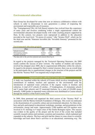 Environmental education

Hera Group has developed for some time now an intensive collaborative relation with
schools in order to disseminate to new generations a culture of respecting the
environment and responsible use of resources.
The “Tuttigiùperterra”[We All Fall Down] initiative has evolved from this experience
of many years and involves combining within a single organisational context the
environmental education developed locally with wider reaching projects supported by
Hera. In this context, two projects were reproposed in addition to the education
provided at the local level: “Un pozzo di scienze “ (the “Science Well”, which ran for
the third year and the “Itinerario Invisibile (the “Invisibile Itinerary” promoted for the
second year.

Environmental education projects
                  (No.)                      2007       2008      2009
Schools involved                              553        699       694
Participating students                      36,014     45,617    39,901
Teachers involved                            2,513     2,899     1,803
The data refer to the activities planned and concern Hera S.p.A.

In regard to the projects managed by the Territorial Operating Structures, the 2009
results confirm the success of prior versions. The number of students and teachers
involved has dropped since 2008, due to organizational difficulties within the schools.
In regard to the projects managed by Hera’s central structure, there was an overall drop
in the participants due to organizational changes in the structure of the projects and the
fact that the “Science Well” was targeted only to high schools.

                      Separated waste collection in Cesena schools
A study was launched within the schools of Cesena which involves strengthening the
commitment of students, teachers and operators to the environment with the
introduction of separated waste collection if the organic wastes in kitchens and
cafeterias. A total of 67 schools (9 crèches , 27 kindergartens, 22 elementary schools
and 9 junior high schools) and 22 municipal kitchens, for a total of 654,000 means
annually. 9,000 guides to separated waste collection were distributed to Cesena schools
through the initiative of the Forlì-Cesena TOS.

In 2009, Hera promoted and organized the third version of the “Science Well” in
association with the Marino Golinelli Foundation of Bologna. This event was dedicated
to the dissemination of a scientific culture and environmental education. For three days,
boys and girls participated in educational workshops, meetings, and presentations on the
environment, energy and water. Approximately 5,500 students and 220 teachers were
involved in 41 meetings in 9 major cities of the Emilia Romagna region. This success
was evident in the quality of the project and the level of the events that included
scientific research entities and institutes, scientists and researchers, which explained and
expanded on the subjects. The boys and girls had the chance to come closer to scientific
knowledge and learn about Hera’s activities in an educational, entertaining way. The




                                                 161
 