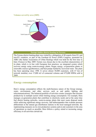 Volumes served by area (2009)

                                Ravenna 1%
                    Modena 5%

             Imola-Faenza
                 21%                         Bologna 36%




         Forlì-Cesena 6%




                            Ferrara 31%




                       Europe studies district heating in Ferrara
The Ferrara district heating plant was visited by a delegation of 40 experts from EU and
non-EU countries, as part of the Euroheat & Power (EHP) Congress, promoted by
AIRU (the Italian Association of Urban Heating) which was held for the first time in
Italy (Venice) in May 2009. Ferrara was chosen due to the excellent characteristics of
its plant, which is in line with European best practices: an integrated system which
recovers energy using waste-to-energy plants, biogas energy, co-generation plants or
renewable sources (geothermics), and heat pumps fuelled by recovered water. The plant
has been operating since 1990. It serves almost 58,000 customers, with 67 km of
network installed, over 17,000 m3 of connected volumes and 475,000 MWht sold in
2009.


Energy consumption

Hera’s energy consumption reflects the multi-business nature of the Group (energy,
water, environment, and other services such as and public lighting and
telecommunications). The balanced portfolio of activities creates synergies that increase
productivity in multiple sectors while limiting energy consumption. For example, Hera
manages co-generation plants that contribute to electricity needs and at the same time
fuel district heating networks, waste-to-energy plants that meet waste disposal needs
while achieving significant energy recovery, and turboexpanders that evaluate pressure
differentials in the natural gas distribution stations in the local managed networks. By
implementing measures on its own production systems and at end customers in the area
of operations as much as possible, Hera follows a policy aimed at increasing energy
efficiency in all activities carried out.




                                             189
 