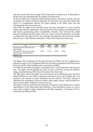 take into account the correct charge of the water sold to customer as at 31 December in
the previous year calculated after the reading of all the meters.
On the one hand, this calculation method permits perfect consistency with the revenues
recorded in the statutory financial statements for each year, but on the other hand is the
result of a misalignment between the figure relating to the billed water and that
introduced into the system each year.
Since 2007 the figure of the networks losses has been calculated in a more accurate
manner allocating the adjustments deriving from the meter reading in the pertinent year
and thereby guaranteeing perfect comparability between water sold and the related
amounts introduced into the system each year. It goes without saying that it is possible
to calculate the final figure for the year using this new approach only around 4-6 months
after the close of the financial statements, or after all the meters have been read.

Non-invoiced water (physical and administrative losses from the civil aqueduct)
                 %                   2006      2007      2008    2009*
Percentage of non-invoiced water    25.4%     25.3%     25.0%    26.0%
(Hera Group)
Percentage of non-invoiced water    25.4%     25.3%     25.0%    25.0%
(Hera Group excluding Marche
Multiservizi)
* Provisional

The figures shown illustrate that the network losses for 2008 were 25% compared to a
national average of 34% (Integrated Water Service Report prepared by the Osservatorio
Prezzi & Tariffe of the Cittadinanzattiva association in 2009).
For 2009, the network losses figure is estimated at 25%, in line with that of the previous
year. This figure will be adjusted next year in order to take into account the effective
charge calculated during 2010 after all the meters have been read.
The table above shows the figure for non-invoiced water excluding the area served by
Marche Multiservizi, for which a significant increase in losses was recorded, due to an
increase in the amount of water introduced into the network. This latter increase is
affected by the installation of the new metres at the supply sources, which resulted in a
more accurate figure compared to the previous one.
The figure of non-invoiced water per kilometre of network is also reported, as it is better
representative of the effectiveness and efficiency of the distribution system, as well as
more easily useable to make comparisons with other companies. A decrease of 6% is
noted between 2008 and 2006.




                                            195
 