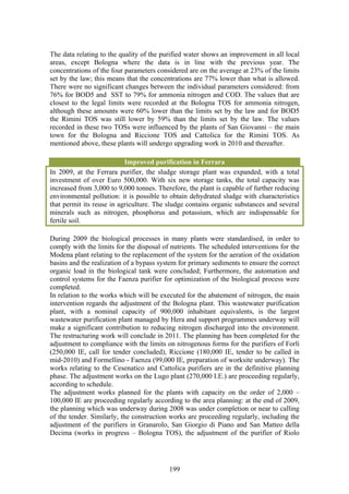 The data relating to the quality of the purified water shows an improvement in all local
areas, except Bologna where the data is in line with the previous year. The
concentrations of the four parameters considered are on the average at 23% of the limits
set by the law; this means that the concentrations are 77% lower than what is allowed.
There were no significant changes between the individual parameters considered: from
76% for BOD5 and SST to 79% for ammonia nitrogen and COD. The values that are
closest to the legal limits were recorded at the Bologna TOS for ammonia nitrogen,
although these amounts were 60% lower than the limits set by the law and for BOD5
the Rimini TOS was still lower by 59% than the limits set by the law. The values
recorded in these two TOSs were influenced by the plants of San Giovanni – the main
town for the Bologna and Riccione TOS and Cattolica for the Rimini TOS. As
mentioned above, these plants will undergo upgrading work in 2010 and thereafter.

                           Improved purification in Ferrara
In 2009, at the Ferrara purifier, the sludge storage plant was expanded, with a total
investment of over Euro 500,000. With six new storage tanks, the total capacity was
increased from 3,000 to 9,000 tonnes. Therefore, the plant is capable of further reducing
environmental pollution: it is possible to obtain dehydrated sludge with characteristics
that permit its reuse in agriculture. The sludge contains organic substances and several
minerals such as nitrogen, phosphorus and potassium, which are indispensable for
fertile soil.

During 2009 the biological processes in many plants were standardised, in order to
comply with the limits for the disposal of nutrients. The scheduled interventions for the
Modena plant relating to the replacement of the system for the aeration of the oxidation
basins and the realization of a bypass system for primary sediments to ensure the correct
organic load in the biological tank were concluded; Furthermore, the automation and
control systems for the Faenza purifier for optimization of the biological process were
completed.
In relation to the works which will be executed for the abatement of nitrogen, the main
intervention regards the adjustment of the Bologna plant. This wastewater purification
plant, with a nominal capacity of 900,000 inhabitant equivalents, is the largest
wastewater purification plant managed by Hera and support programmes underway will
make a significant contribution to reducing nitrogen discharged into the environment.
The restructuring work will conclude in 2011. The planning has been completed for the
adjustment to compliance with the limits on nitrogenous forms for the purifiers of Forlì
(250,000 IE, call for tender concluded), Riccione (180,000 IE, tender to be called in
mid-2010) and Formellino - Faenza (99,000 IE, preparation of worksite underway). The
works relating to the Cesenatico and Cattolica purifiers are in the definitive planning
phase. The adjustment works on the Lugo plant (270,000 I.E.) are proceeding regularly,
according to schedule.
The adjustment works planned for the plants with capacity on the order of 2,000 –
100,000 IE are proceeding regularly according to the area planning: at the end of 2009,
the planning which was underway during 2008 was under completion or near to calling
of the tender. Similarly, the construction works are proceeding regularly, including the
adjustment of the purifiers in Granarolo, San Giorgio di Piano and San Matteo della
Decima (works in progress – Bologna TOS), the adjustment of the purifier of Riolo




                                          199
 