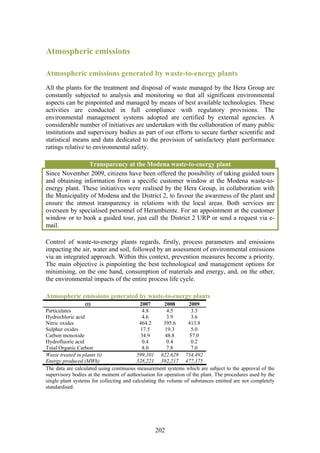 Atmospheric emissions

Atmospheric emissions generated by waste-to-energy plants
All the plants for the treatment and disposal of waste managed by the Hera Group are
constantly subjected to analysis and monitoring so that all significant environmental
aspects can be pinpointed and managed by means of best available technologies. These
activities are conducted in full compliance with regulatory provisions. The
environmental management systems adopted are certified by external agencies. A
considerable number of initiatives are undertaken with the collaboration of many public
institutions and supervisory bodies as part of our efforts to secure further scientific and
statistical means and data dedicated to the provision of satisfactory plant performance
ratings relative to environmental safety.

                Transparency at the Modena waste-to-energy plant
Since November 2009, citizens have been offered the possibility of taking guided tours
and obtaining information from a specific customer window at the Modena waste-to-
energy plant. These initiatives were realised by the Hera Group, in collaboration with
the Municipality of Modena and the District 2, to favour the awareness of the plant and
ensure the utmost transparency in relations with the local areas. Both services are
overseen by specialised personnel of Herambiente. For an appointment at the customer
window or to book a guided tour, just call the District 2 URP or send a request via e-
mail.

Control of waste-to-energy plants regards, firstly, process parameters and emissions
impacting the air, water and soil, followed by an assessment of environmental emissions
via an integrated approach. Within this context, prevention measures become a priority.
The main objective is pinpointing the best technological and management options for
minimising, on the one hand, consumption of materials and energy, and, on the other,
the environmental impacts of the entire process life cycle.

Atmospheric emissions generated by waste-to-energy plants
                  (t)                      2007        2008      2009
Particulates                                 4.8        4.5       3.3
Hydrochloric acid                           4.6         3.9       3.6
Nitric oxides                              464.2       395.6     413.8
Sulphur oxides                              17.5       19.3       5.0
Carbon monoxide                             34.9       48.8      57.0
Hydrofluoric acid                           0.4         0.4       0.2
Total Organic Carbon                         8.0        7.8       7.0
Waste treated in plants (t)               599,101 622,629 734,492
Energy produced (MWh)                     328,221 392,217 477,175
The data are calculated using continuous measurement systems which are subject to the approval of the
supervisory bodies at the moment of authorisation for operation of the plant. The procedures used by the
single plant systems for collecting and calculating the volume of substances emitted are not completely
standardised.




                                                 202
 