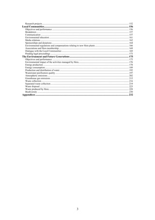 Research projects .................................................................................................................................................. 152
Local Communities................................................................................................................................. 156
    Objectives and performance ................................................................................................................................. 156
    Breakdown............................................................................................................................................................ 157
    Communication .................................................................................................................................................... 157
    Environmental education ...................................................................................................................................... 161
    Media relations ..................................................................................................................................................... 162
    Sponsorships and donations.................................................................................................................................. 164
    Environmental regulations and compensations relating to new Hera plants ......................................................... 166
    Associations and Hera membership...................................................................................................................... 169
    Dialogue with the Local Communities ................................................................................................................. 169
    Pending legal proceedings .................................................................................................................................... 173
The Environment and Future Generations.......................................................................................... 175
    Objectives and performance ................................................................................................................................. 175
    Environmental impact of the activities managed by Hera..................................................................................... 176
    Energy production ................................................................................................................................................ 178
    Energy consumption ............................................................................................................................................. 189
    Production and distribution of water..................................................................................................................... 192
    Wastewater purification quality ............................................................................................................................ 197
    Atmospheric emissions ......................................................................................................................................... 202
    Greenhouse gas emissions .................................................................................................................................... 215
    Waste collection.................................................................................................................................................... 216
    Separated waste collection.................................................................................................................................... 219
    Waste disposal ...................................................................................................................................................... 223
    Waste produced by Hera....................................................................................................................................... 228
    Biodiversity .......................................................................................................................................................... 230
Appendices .............................................................................................................................................. 232




                                                                                     3
 