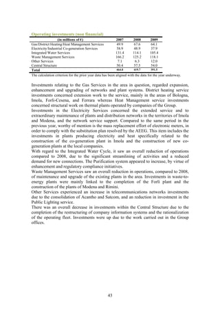Operating investments (non financial)
                  (in millions of €)                       2007        2008        2009
Gas/District Heating/Heat Management Services               49.9       67.6         64.1
Electricity/Industrial Co-generation Services               58.9       48.9        37.9
Integrated Water Services                                  131.4      114.1        105.4
Waste Management Services                                  166.2      125.2        118.1
Other Services                                              7.1         6.3        12.0
Central Structure                                           50.4       57.5        54.0
Total                                                      464.0       419.7       391.5
The calculation criterion for the prior year data has been aligned with the data for the year underway.

Investments relating to the Gas Services in the area in question, regarded expansion,
enhancement and upgrading of networks and plant systems. District heating service
investments concerned extension work to the service, mainly in the areas of Bologna,
Imola, Forlì-Cesena, and Ferrara whereas Heat Management service investments
concerned structural work on thermal plants operated by companies of the Group.
Investments in the Electricity Services concerned the extended service and to
extraordinary maintenance of plants and distribution networks in the territories of Imola
and Modena, and the network service support. Compared to the same period in the
previous year, worthy of mention is the mass replacement effort of electronic meters, in
order to comply with the substitution plan resolved by the AEEG. This item includes the
investments in plants producing electricity and heat specifically related to the
construction of the co-generation plant in Imola and the construction of new co-
generation plants at the local companies.
With regard to the Integrated Water Cycle, it saw an overall reduction of operations
compared to 2008, due to the significant streamlining of activities and a reduced
demand for new connections. The Purification system appeared to increase, by virtue of
enhancement and regulatory compliance initiatives.
Waste Management Services saw an overall reduction in operations, compared to 2008,
of maintenance and upgrade of the existing plants in the area. Investments in waste-to-
energy plants were mainly linked to the completion of the Forlì plant and the
construction of the plants of Modena and Rimini.
Other Services experienced an increase in telecommunications networks investments
due to the consolidation of Acantho and Satcom, and an reduction in investment in the
Public Lighting service.
There was an overall decrease in investments within the Central Structure due to the
completion of the restructuring of company information systems and the rationalization
of the operating fleet. Investments were up due to the work carried out in the Group
offices.




                                                    43
 