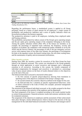 Gross average performance bonus (per capita)
                Euro                     2007       2008       2009
Managers                                1,559       1,755     1,755
Administration                          1,328       1,495     1,495
Manual                                  1,232       1,387     1,387
Media                                   1,290       1,452     1,452
The data refer to the following companies: Hera S.p.A., Famula On-Line, Uniflotte, Hera Comm, Hera
Trading, Herambiente, FEA.

Regarding the performance bonus, a standardised system is applied to all Group
personnel, based on a bonus of equal amount for all employees, a single system of
profitability and productivity indicators and a series of quality indicators which are
diversified according to the business segments.
The productivity premium is paid to all employees, including those employed under
staff leasing contracts.
The profitability and productivity indices consist of the Group's gross operating margin
and the per capita gross operating margin of the companies belonging to the Group.
Among the quality indicators (which affect 20% of the bonus) are included, as an
example, the percentage of separated waste collection, the frequency, severity and
incidence of accidents, the compliance with commercial quality standards as set by the
AEEG and the Service Charters, the percentage of calls to the gas emergency services
service with response times of less than sixty minutes, the percentage of investigations
for leaks in the aqueduct system, the branch waiting times, the call centre waiting times,
and the maintenance of quality and environmental certifications,

Other incentive systems
Starting from 2006, the incentive system for executives of the Hera Group has been
linked to the balanced scorecard. This system was introduced to the Group gradually
through an initial application to senior executives and managers and a subsequent
extension to all executives. According to this system, the variable component of
individual compensation for managers and executives is calculated as a percentage
value of gross annual salaries on the basis of results obtained relative to the objectives
set at the start of the year.
The balanced individual scorecard is structured in three parts:
       • the first consists of specific project-objectives deriving from translation in
       operating terms of the objectives contained in the Group’s strategic map;
       • the second contains the economic objectives defined in the budget for the year;
       • the third provides for a valuation on specific organisational behaviours, some
       of which connected to the Code of Ethics (for example: personnel management
       and development).
The structured of the balanced individual scorecard, or the weights assigned to the three
areas, vary according to the seniority of the employee and the department.
The final assignment of the bonus is weighted according to the results reached insofar
as certain Group parameters: financial-economic results and customer satisfaction index
for residential customers.
The assignment of the objectives to employees and the assessment of their achievement
takes place through a clearly defined process which is based on the decision of the top
management for the individual balanced scorecards of the directors and managers and of




                                               67
 