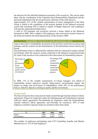 the directors for the individual balanced scorecards of the executives. The activity takes
place with the coordination of the Corporate Social Responsibility Department and the
personnel departments that govern and ensure coherence of the entire process.
Approximately 51% of the variable remuneration of senior management of the Hera
Group is linked to the completion of the projects planned in the balanced scorecard
system (the remaining 49% is linked to respect of budget objectives and compliance
with specific organisational behaviours).
A total of 354 managers and executives received a bonus linked to the Balanced
Scorecard in 2009. This is added to 350 employees who received an incentive bonus in
the forms provided by the merit-based policies of the Group in 2009.

                Sustainability of incentives and the performance bonus
Aspects that refer to sustainability are present in the incentive system for executives and
managers and the systems for the determination of the performance bonus used by the
Group.
The performance bonus is influenced by indicators that are connected to quality and the
environment while the incentive system connected to the balanced scorecard provides
for a part of the incentive to be connected to the achievement of sustainability projects.
 Percentage of                                   Percentage of the
 the           20%                               variable
 performance                                     remuneration of 17%
 bonus                                           managers
 connected to                                    connected to
 quality and the                                 sustainable
 environment                                     projects



In 2009, 17% of the variable remuneration of Group managers was linked to
sustainability project objectives (quality improvement, environmental impact, the
impact on image and involvement of stakeholders), while 20% of the performance
bonus is linked to objectives relating to quality and the environment.

Pension funds
The Hera Group has three main pension funds created through national collective labour
agreements: Pegaso for employees under the Federgasacqua and Federelettrica national
collective labour agreements, Previambiente for employees under the Federambiente
national collective labour agreement, and Previndai for executives. 94% of total
employees enrolled in pension funds are enrolled in these three funds.

Yield of the main pension funds (balanced subfund)
                %                   2007       2008        2009
Pegaso                             1.80%      -7.43%      9.11%
Previambiente                      0.80%      -8.09%      9.53%

The number of employees participating total 4,572 (including Acantho and Marche
Multiservizi), or 73% of total employees.



                                            68
 