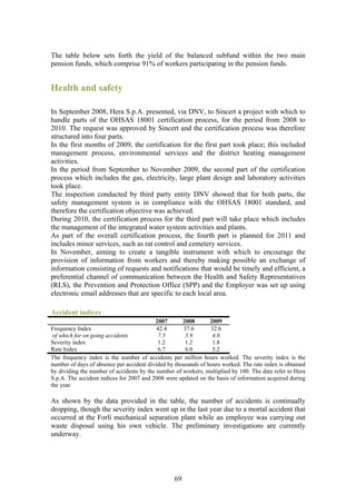 The table below sets forth the yield of the balanced subfund within the two main
pension funds, which comprise 91% of workers participating in the pension funds.


Health and safety

In September 2008, Hera S.p.A. presented, via DNV, to Sincert a project with which to
handle parts of the OHSAS 18001 certification process, for the period from 2008 to
2010. The request was approved by Sincert and the certification process was therefore
structured into four parts.
In the first months of 2009, the certification for the first part took place; this included
management process, environmental services and the district heating management
activities.
In the period from September to November 2009, the second part of the certification
process which includes the gas, electricity, large plant design and laboratory activities
took place.
The inspection conducted by third party entity DNV showed that for both parts, the
safety management system is in compliance with the OHSAS 18001 standard, and
therefore the certification objective was achieved.
During 2010, the certification process for the third part will take place which includes
the management of the integrated water system activities and plants.
As part of the overall certification process, the fourth part is planned for 2011 and
includes minor services, such as rat control and cemetery services.
In November, aiming to create a tangible instrument with which to encourage the
provision of information from workers and thereby making possible an exchange of
information consisting of requests and notifications that would be timely and efficient, a
preferential channel of communication between the Health and Safety Representatives
(RLS), the Prevention and Protection Office (SPP) and the Employer was set up using
electronic email addresses that are specific to each local area.

Accident indices
                                          2007       2008       2009
Frequency Index                            42.4      37.6       32.6
 of which for on going accidents            7.5       5.9        4.0
Severity index                              1.2       1.2        1.8
Rate Index                                  6.7       6.0        5.2
The frequency index is the number of accidents per million hours worked. The severity index is the
number of days of absence per accident divided by thousands of hours worked. The rate index is obtained
by dividing the number of accidents by the number of workers, multiplied by 100. The data refer to Hera
S.p.A. The accident indices for 2007 and 2008 were updated on the basis of information acquired during
the year.

As shown by the data provided in the table, the number of accidents is continually
dropping, though the severity index went up in the last year due to a mortal accident that
occurred at the Forlì mechanical separation plant while an employee was carrying out
waste disposal using his own vehicle. The preliminary investigations are currently
underway.




                                                  69
 