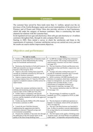 Customers

The customer base served by Hera totals more than 3.1 million, spread over the six
provinces of the Emilia-Romagna region and several municipalities of the provinces of
Florence and of Pesaro and Urbino. Hera also provides services to local businesses,
which fall under the category of business customers. Hera is constructing fast track
channels for relations with this customer base.
In de-regulated services (gas and electricity), Hera sells gas and electricity to 1.4 million
customers throughout Italy, through its sales company Hera Comm.
Starting in 2005, Hera started a survey to check the satisfaction and listen to the
requirements of customers. Customer satisfaction surveys are carried out every year and
the results are used to define improvement objectives.


Objectives and performance

               We said we would...                                           We have...
• Further reduce waiting times at branches (reach       • In 2009 the average waiting time at branches
15 minutes by 2010) differentiating the waiting         was 14.6 minutes. The average waiting time for
times for households and businesses.                    small business customers was less than 5 minutes.
                                                        (see page 107)
• Restructure the branches in Forlì and Cesena in       • The new branches of Imola and Ravenna were
2009 and extend the new layout to all major             inaugurated in June and October, respectively. (see
branches of the Group by 2010.                          page 107)
• Improve call centre waiting times (reach 40           • Average call centre waiting times were 33
seconds for residential customers by 2010 and 30        seconds for residential customers and 25 seconds
seconds for business customers)                         for business customers. (see page 107)
• Improve response times to complaints, reaching        • AEEG resolution 164/2008 introduced a new
an average response time of 17 days by 2010 and         definition of complaint, which had a significant
organise a complaints analysis to define actions for    impact on management. As a result, the average
improvement.                                            response time exceeded 20 days. A new
                                                        classification of complaints resulted in an
                                                        improvement in reporting. (see page 107)
• Improve the customer satisfaction index by            • The customer satisfaction index for 2009 was
defining and monitoring actions for improvement:        69 (see page 112)
reach an index of 68 in 2009 and 70 by 2011.
• Further improve compliance with specific              • The percentage of compliance to specific
commercial quality standards for gas and electricity    standards was 97.9%, compared to 95.8% in 2008
services, and the standards set forth in the approved   (see page 95)
Service Charters.
• Further develop the HER@ ON-LINE channel              • The development of additional operations at
for business customers in 2009.                         branches was planned, which will be activated in
                                                        2010. (see page 82)
• Launch the new Club Hera Insieme,                     • The new Club Hera Insieme was launched in
implementing the suggestions provided by                June. It offers its members concrete opportunities
residential customers: financial savings and            for savings linked to environmental sustainability.
environmental sustainability.                           (see page 82)
• Promote the reliability of tap water also through     • The first report on the quality of drinking water
the publication of the first annual report on the       “In buone acque” (In Good Water) was published -
quality of the Hera Group drinking water.               4,000 copies – in September and presented during




                                                       83
 