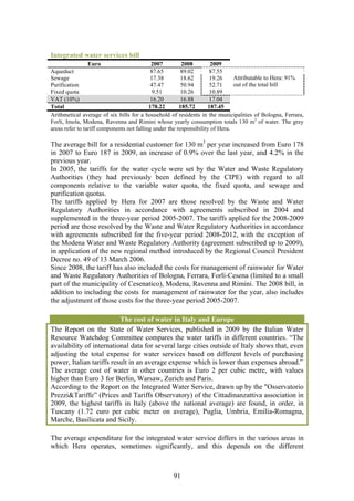 Integrated water services bill
                 Euro                       2007         2008        2009
Aqueduct                                    87.65        89.02       87.55
Sewage                                      17.38        18.62       19.26     Attributable to Hera: 91%
Purification                                47.47        50.94       52.71     out of the total bill
Fixed quota                                 9.51         10.26       10.89
VAT (10%)                                   16.20        16.88       17.04
Total                                      178.22       185.72      187.45
Arithmetical average of six bills for a household of residents in the municipalities of Bologna, Ferrara,
Forli, Imola, Modena, Ravenna and Rimini whose yearly consumption totals 130 m3 of water. The grey
areas refer to tariff components not falling under the responsibility of Hera.

The average bill for a residential customer for 130 m3 per year increased from Euro 178
in 2007 to Euro 187 in 2009, an increase of 0.9% over the last year, and 4.2% in the
previous year.
In 2005, the tariffs for the water cycle were set by the Water and Waste Regulatory
Authorities (they had previously been defined by the CIPE) with regard to all
components relative to the variable water quota, the fixed quota, and sewage and
purification quotas.
The tariffs applied by Hera for 2007 are those resolved by the Waste and Water
Regulatory Authorities in accordance with agreements subscribed in 2004 and
supplemented in the three-year period 2005-2007. The tariffs applied for the 2008-2009
period are those resolved by the Waste and Water Regulatory Authorities in accordance
with agreements subscribed for the five-year period 2008-2012, with the exception of
the Modena Water and Waste Regulatory Authority (agreement subscribed up to 2009),
in application of the new regional method introduced by the Regional Council President
Decree no. 49 of 13 March 2006.
Since 2008, the tariff has also included the costs for management of rainwater for Water
and Waste Regulatory Authorities of Bologna, Ferrara, Forlì-Cesena (limited to a small
part of the municipality of Cesenatico), Modena, Ravenna and Rimini. The 2008 bill, in
addition to including the costs for management of rainwater for the year, also includes
the adjustment of those costs for the three-year period 2005-2007.

                          The cost of water in Italy and Europe
The Report on the State of Water Services, published in 2009 by the Italian Water
Resource Watchdog Committee compares the water tariffs in different countries. “The
availability of international data for several large cities outside of Italy shows that, even
adjusting the total expense for water services based on different levels of purchasing
power, Italian tariffs result in an average expense which is lower than expenses abroad.”
The average cost of water in other countries is Euro 2 per cubic metre, with values
higher than Euro 3 for Berlin, Warsaw, Zurich and Paris.
According to the Report on the Integrated Water Service, drawn up by the "Osservatorio
Prezzi&Tariffe” (Prices and Tariffs Observatory) of the Cittadinanzattiva association in
2009, the highest tariffs in Italy (above the national average) are found, in order, in
Tuscany (1.72 euro per cubic meter on average), Puglia, Umbria, Emilia-Romagna,
Marche, Basilicata and Sicily.

The average expenditure for the integrated water service differs in the various areas in
which Hera operates, sometimes significantly, and this depends on the different



                                                  91
 