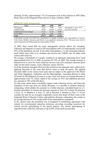 planning. In Italy, approximately 17% of customers were in this situation in 2007 (Blue
Book I data on the Integrated Water Service in Italy, Utilitatis, 2009).

Billing for waste management
               Euro                       2007         2008      2009
Fixed quota                               72.91        73.88     73.04    Attributable to Hera: 87%
Variable quota                            98.20       103.66    110.93    out of the total bill
Additional province charges               17.11        17.75     18.40
VAT (10%)                                  8.56        8.88      9.20
Total                                    196.77       204.17    211.56
Arithmetical average of six bills for a household of 3 people, resident in the municipalities of Ferrara,
Forlì, Imola, Modena, Ravenna, and Rimini, in an apartment measuring 80 m2. The grey areas refer to
tariff components not falling under the responsibility of Hera.

In 2009, Hera issued bills for waste management services (above all, sweeping,
collection and disposal of waste) in 80 municipalities (46% of municipalities served and
65% of the population served). In the other municipalities, it is the municipal authority
itself which issues bills to its residents and receives the TARSU (tax on urban solid
waste) solid waste tax.
On average, a household of 3 people, residing in an apartment measuring 80 m2 paid
approximately Euro 211 in 2009, an increase of 3.6% on 2008. The average increase at
national level in costs for waste collection services was 6.6% (national consumer price
index for the entire country, waste collection, source: ISTAT).
In all the territories managed, Hera provides incentives for separated waste collection by
applying discounts to the users that deliver waste to drop off points: The applied
discounts differ in the various local areas and are subject to the approval of the Water
and Waste Regulatory Authorities and the Municipalities. Assuming delivery to drop
off points of 180 kilograms of waste in a year, a user will receive an average discount of
approximately Euro 18, which, added to the savings on VAT and additional province
tax, amounts to 10% of the bill above.
In some areas, where there is no public organic waste collection service, and where the
separation of this type does not entitle discounts, it is possible to perform domestic
composting, which entitles the customer to a further discount, calculated based on a 3-
member household. In Ferrara this discount amounts to Euro 20, in Imola the discount
is Euro 15, in Modena it is Euro 17, and in Ravenna it amounts to Euro 15. If you
consider the total for an averagely responsible citizen who drops off their waste at the
Separated Waste Collection Centres and performs domestic composting, this results in
an average decrease of 16% on the tariffs of the municipalities considered.
In the various areas the possibility was investigated of establishing agreements with
schools for environmental education initiatives, providing rewarding incentives for
schools actively participating in the agreed projects. For schools participating in
separated waste collection, discounts of up to 80% of the tariff are provided.




                                                   93
 
