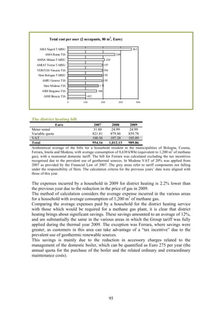 2
           Total cost per user (2 occupants, 80 m , Euro)

     ASIA Napoli TARSU                                             363
        AMA Roma TIA                                        269
   AMSA Milano TARSU                               210
   AMIAT Torino TARSU                            197
   VERITAS Venezia TIA                           196
    Hera Bologna TARSU                           195
      AMIU Genova TIA                            195
       Hera Modena TIA                      175
      ASM Bergamo TIA                      166
       ASM Brescia TIA              102
                         0        100        200             300     400




The district heating bill
                Euro                    2007         2008         2009
Meter rental                            31.80        24.99        24.99
Variable quota                         821.81       879.86       859.78
VAT                                    100.56       107.28       105.09
Total                                  954.16      1,012.13      989.86
Arithmetical average of the bills for a household resident in the municipalities of Bologna, Cesena,
Ferrara, Imola and Modena, with average consumption of 8,630 kWht (equivalent to 1,200 m3 of methane
gas), with a monomial domestic tariff. The bill for Ferrara was calculated excluding the tax incentives
recognised due to the prevalent use of geothermal sources. In Modena VAT of 20% was applied from
2007 as provided by the Financial Law of 2007. The grey areas refer to tariff components not falling
under the responsibility of Hera. The calculation criteria for the previous years’ data were aligned with
those of this year.

The expenses incurred by a household in 2009 for district heating is 2.2% lower than
the previous year due to the reduction in the price of gas in 2009.
The method of calculation considers the average expense incurred in the various areas
for a household with average consumption of 1,200 m3 of methane gas.
Comparing the average expenses paid by a household for the district heating service
with those which would be required for a methane gas plant, it is clear that district
heating brings about significant savings. These savings amounted to an average of 12%,
and are substantially the same in the various areas in which the Group tariff was fully
applied during the thermal year 2009. The exception was Ferrara, where savings were
greater, as customers in this area can take advantage of a “tax incentive” due to the
prevalent use of geothermic renewable sources.
This savings is mainly due to the reduction in accessory charges related to the
management of the domestic boiler, which can be quantified as Euro 275 per year (the
annual quota for the purchase of the boiler and the related ordinary and extraordinary
maintenance costs).




                                                       95
 