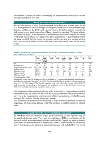 106
involvement in quality is limited to managing the supplementary disinfection stations
along the distribution networks.
"Today we change the course of water"
Incentivising the use of water from the network, better known as Mayor's water, in the
225 municipalities in which it manages the integrated water service: this is the challenge
launched by Hera, on the 2010 world water day. It was decided to sign this commitment
in Ravenna, where a delegation of area Mayors signed the manifesto "Today we change
the course of water", a document that committed them to incentivising the use of tap
water at all public offices, accompanied by Hera's commitment to guarantee the quality
of water provided. For the Group, the signature in Ravenna is a new starting point to
make the around 3 million residents who live in the area served aware of the use of
water.
Quality parameter comparison between Hera water and commercially available
mineral water products
Mineral
waters
(min-max)
Legal
limits
Legisl.D.
31/2001.
Bologna
TOS
Ferrara
TOS
Forlì-
Cesena
TOS
Imola-
Faenza
TOS
Modena
TOS
Ravenna
TOS
Rimini
TOS
pH 5.8-8.4 6.5-9.5 7.6 7.7 7.7 7.5 7.4 7.9 7.6
Hardness (°F) 3-93 50* 25 24 20 31 35 20 24
Fixed solids at 180° (mg/l) 22.3-1300 1,500 324 286 257 426 541 274 306
Sodium (mg/l) 0.9-74.4 200 18 15 16 29 51 18 20
Fluorides (mg/l) 0.07-1.1 1.5 < 0.10 0.10 < 0.10 0.14 < 0.10 < 0.10 < 0.10
Nitrates (mg/l) 1-19.55 50 5 4 8 11 20 4 6
Chlorides (mg/l) 0.3-78.7 250 27 19 26 39 80 28 28
* Recommended values
Comparison carried out with the data provided on the labels of 17 commercially available mineral waters,
excluding the parameter “Hardness” for which the data published by the magazine Altroconsumo was
used (no. 184, July-August 2005). The data regarding Hera water refer to the average values of 11,113
analyses carried out according to the frequency and withdrawal points on the distribution network set
forth in the control and monitoring plan for the water system.
The assessments of the quality of drinking water distributed, as compared to the quality
of mineral water, are carried out based on the analytic parameters which are commonly
surveyed at the representative sampling points of the water networks: pH, hardness, dry
solids at 180°, sodium, fluoride, nitrite and chlorides.
The parameters chosen to measure the quality of water distributed primarily refer to the
importance of distributing drinking water that contains a suitable amount of mineral
salts.
In good water: the report on drinking water quality
In 2009 Hera published “In buone acque” [In Good Water], the first report in Italy on
the quality of drinking water. The report, also published in 2010 in compliance with the
annual schedule, aims at communicating the quality of Hera’s drinking water in order to
consolidate the trust of the public, and motivate them to a more aware and sustainable
use of this resource, and develop a transparent dialogue with stakeholders. The report
 