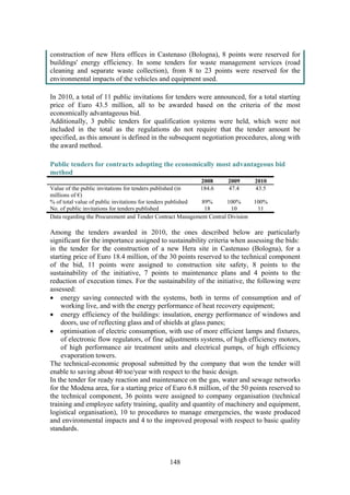 148
construction of new Hera offices in Castenaso (Bologna), 8 points were reserved for
buildings' energy efficiency. In some tenders for waste management services (road
cleaning and separate waste collection), from 8 to 23 points were reserved for the
environmental impacts of the vehicles and equipment used.
In 2010, a total of 11 public invitations for tenders were announced, for a total starting
price of Euro 43.5 million, all to be awarded based on the criteria of the most
economically advantageous bid.
Additionally, 3 public tenders for qualification systems were held, which were not
included in the total as the regulations do not require that the tender amount be
specified, as this amount is defined in the subsequent negotiation procedures, along with
the award method.
Public tenders for contracts adopting the economically most advantageous bid
method
2008 2009 2010
Value of the public invitations for tenders published (in
millions of €)
184.6 47.4 43.5
% of total value of public invitations for tenders published 89% 100% 100%
No. of public invitations for tenders published 18 10 11
Data regarding the Procurement and Tender Contract Management Central Division
Among the tenders awarded in 2010, the ones described below are particularly
significant for the importance assigned to sustainability criteria when assessing the bids:
in the tender for the construction of a new Hera site in Castenaso (Bologna), for a
starting price of Euro 18.4 million, of the 30 points reserved to the technical component
of the bid, 11 points were assigned to construction site safety, 8 points to the
sustainability of the initiative, 7 points to maintenance plans and 4 points to the
reduction of execution times. For the sustainability of the initiative, the following were
assessed:
• energy saving connected with the systems, both in terms of consumption and of
working live, and with the energy performance of heat recovery equipment;
• energy efficiency of the buildings: insulation, energy performance of windows and
doors, use of reflecting glass and of shields at glass panes;
• optimisation of electric consumption, with use of more efficient lamps and fixtures,
of electronic flow regulators, of fine adjustments systems, of high efficiency motors,
of high performance air treatment units and electrical pumps, of high efficiency
evaporation towers.
The technical-economic proposal submitted by the company that won the tender will
enable to saving about 40 toe/year with respect to the basic design.
In the tender for ready reaction and maintenance on the gas, water and sewage networks
for the Modena area, for a starting price of Euro 6.8 million, of the 50 points reserved to
the technical component, 36 points were assigned to company organisation (technical
training and employee safety training, quality and quantity of machinery and equipment,
logistical organisation), 10 to procedures to manage emergencies, the waste produced
and environmental impacts and 4 to the improved proposal with respect to basic quality
standards.
 