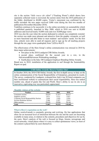 168
site is the section “Sulle tracce dei rifiuti” (“Tracking Waste”) which shows how
separately collected waste is recovered; the section stems from the 2010 publication of
the folder, distributed in 40,000 copies. Visitor’s enjoyment was confirmed by the
traffic recorded: the new pages received 5,000 visits during the first two months of
publication (November-December 2010).
VedoHera continues to be successful: it is the online newsletter on sustainability which
is published quarterly, launched in May 2008, which in 2010 was sent to 60,400
addresses and received nearly 18,000 visits and over 28,800 page views.
2010 was also the year when the section dedicated to schools was completely restyled:
the section was made more pleasant and attractive from the graphic viewpoint, as well
as more functional and able better to meet students’ and teachers’ needs. For the first
time, schools were able to send all requests and to sign up for all teaching projects
through the site: page views quadrupled, from 7,620 to 44,673.
The effectiveness of the Hera Group’s online communication was stressed in 2010 by
three major achievements:
• first place in the 2010 Lundquist CSR Online Awards;
• second place, confirmed for the second year in a row, in the
Halvarsson&Halvarsson Webranking standings;
• fourth place in the Italy 100 Lundquist Employer Branding Online Awards.
Brand new in 2010: installation of the application to surf through the Sustainability
Report on ipad.
CSR Online Awards: Hera is Number One!
In October 2010, the 2010 CSR Online Awards, the first in-depth survey in Italy on the
online communication of the Social Responsibility of Enterprises, presented its results.
The survey, conducted by Lundquist, evaluated how Italy's top 50 listed companies use
their institutional website to communicate their social responsibility. Hera was ranked
number one, ahead of giants like Eni and Pirelli. Hera’s ability to use its site in an
innovative, captivating way was particularly appreciated.
Monthly visitors of the website
Number 2008 2009 2010
Customers section 39,674 51,477 46,417
Suppliers section 2,871 3,512 5,027
Corporate Social Responsibility Section 1,694 1,826 2,854
Investor Relations Section 2,200 2,247 2,019
Other sections 24,628 34,986 54,148
Total 71,067 92,222 110,465
What is Hera’s reputation on the web?
Online word-of-mouth is constantly growing and evolving. On line applications that
allow for an increased level of interaction between the site and the users are becoming
available in many areas, in relation to the contents, procedures and objectives for use by
the users. Hera’s analysis of the web is focused on blogs, forums, newsgroups and
social networks, virtual places where it is easy to collect spontaneous views, as most of
the content is placed there by users themselves.
 