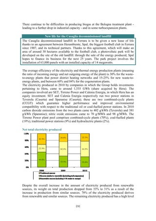 191
There continue to be difficulties in producing biogas at the Bologna treatment plant -
leading to a further drop in industrial capacity - and in some turboexpansion plants.
New life for the Casaglia decommissioned landfill
The Casaglia decommissioned landfill in Ferrara is to be given a new lease of life
thanks to an agreement between Herambiente, Spal, the biggest football club in Ferrara
since 1907, and its technical partners. Thanks to this agreement, which will make an
area of around 30 hectares available to the football club, a photovoltaic park will be
developed on the site of the old landfill: through the sale of the energy produced, Spal
hopes to finance its business for the next 25 years. The park project involves the
installation of 63,000 panels with an installed capacity of 14 megawatts.
The average efficiency of the electricity and thermal energy production plants (meaning
the ratio of incoming energy and net outgoing energy of the plant) is 30% for the waste-
to-energy plants that power district heating networks and 15-25% for new waste-to-
energy plants, and between 60% and 84% for the cogeneration plants.
The electricity produced in 2010 by companies in which the Group holds investments
pertaining to Hera, came to around 1,535 GWh (share acquired by Hera). The
companies involved are SET, Tirreno Power and Calenia Energia, in which Hera has an
equity investment. SET and Calenia Energia respectively run two power stations in
Teverola (Caserta) and Sparanise (Caserta); these are two combined-cycle plants
(CCGT) which guarantee higher performance and improved environmental
compatibility with respect to the traditional oil or coal-fuelled power stations. In 2010
carbon dioxide emissions from the two plants came to 402 g/kWh (Teverola) and 381
g/kWh (Sparanise); nitric oxide emissions came to 70 g/MWh and 98 g/MWh. The
Tirreno Power plant pool comprises combined-cycle plants (70%), coal-fuelled plants
(19%), traditional power stations (9%) and hydroelectric plants (2%).
Net total electricity produced
Despite the overall increase in the amount of electricity produced from renewable
sources, its weight on total production dropped from 33% to 31% as a result of the
increase in production from similar sources. 78% of the electricity produced derives
from renewable and similar sources. The remaining electricity produced has a high level
 