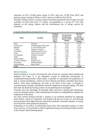 199
emissions of CO2 (15,400 metric tonnes in 2011 and over 15,700 from 2012) and
primary energy savings (6,500 toe in 2011 and over 6,600 toe from 2012).
Through “Energy Service” contracts, Hera Comm has guaranteed total savings to its end
customers of more than Euro 3.5 million, corresponding to a saving of 7-15% that
depends on the energy balance and the simultaneous use of energy carriers by
customers.
Cogeneration plants managed in service
Plant Location
Nominal
installed
electric
power
(MW)
Net electricity
produced per
plant in 2010
(MWh)
Thermal
energy
produced per
plant in 2010
(MWh)
Safta Piacenza 7.3 30,733 17,293
Cerindustries Castelbolognese (Ravenna) 3.6 7,182 1,911
Magema S. Zaccaria (Ravenna) 2.0 3,072 2,234
Covalpa Celano (L’Aquila) 1.6 5,176 3,762
Centroplast Meldola (Forlì-Cesena) 1.2 4,300 2,651
Cafar Gatteo (Forlì-Cesena) 0.8 1,135 721
Fox Bompani Ostellato (Ferrara) 0.7 1,647 949
Aldini Bologna 0.6 1,459 2,351
Palazzo Pepoli Bologna 0.4 608 751
Le fonti di Matilde Reggio Emilia 0.2 271 252
Filomarket Imola (Bologna) 0.2 154 246
Terme di Riolo Riolo Terme 0.1 259 363
Total 18.7 55,996 33,484
District heating
District heating is a service involving the sale of heat for customer home heating and
domestic hot water. It is an alternative system to traditional autonomous or
condominium-based boilers which makes it possible to concentrate the production of
heat in central installations, which are more efficient and better controlled than home
boilers. From these installations, the heat, in the form of hot water, is brought to
customer homes through a distribution network comprised of insulated piping. The heat
then fuels the domestic heating system via non-polluting heat exchangers.
Customer have the advantage of increased safety and lower running and maintenance
costs (no domestic boiler), while maintaining the freedom to independently regulate the
temperature of the home.
For cities, district heating provides a solution to air pollution problems by replacing
home boilers, which are sometimes still fuelled with gas-oil or fuel oil, and allowing
heat generation from high-efficiency production methods, renewable energies, or energy
recovered from other production processes.
Continuing in our policy of substituting fossil fuels with renewable energies or fuels
from recovery, it was possible to obtain significant energy-environmental improvements
in the Group’s district heating plants.
 