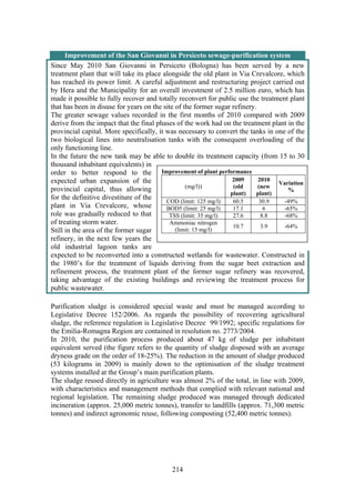 214
Improvement of the San Giovanni in Persiceto sewage-purification system
Since May 2010 San Giovanni in Persiceto (Bologna) has been served by a new
treatment plant that will take its place alongside the old plant in Via Crevalcore, which
has reached its power limit. A careful adjustment and restructuring project carried out
by Hera and the Municipality for an overall investment of 2.5 million euro, which has
made it possible to fully recover and totally reconvert for public use the treatment plant
that has been in disuse for years on the site of the former sugar refinery.
The greater sewage values recorded in the first months of 2010 compared with 2009
derive from the impact that the final phases of the work had on the treatment plant in the
provincial capital. More specifically, it was necessary to convert the tanks in one of the
two biological lines into neutralisation tanks with the consequent overloading of the
only functioning line.
In the future the new tank may be able to double its treatment capacity (from 15 to 30
thousand inhabitant equivalents) in
order to better respond to the
expected urban expansion of the
provincial capital, thus allowing
for the definitive divestiture of the
plant in Via Crevalcore, whose
role was gradually reduced to that
of treating storm water.
Still in the area of the former sugar
refinery, in the next few years the
old industrial lagoon tanks are
expected to be reconverted into a constructed wetlands for wastewater. Constructed in
the 1980’s for the treatment of liquids deriving from the sugar beet extraction and
refinement process, the treatment plant of the former sugar refinery was recovered,
taking advantage of the existing buildings and reviewing the treatment process for
public wastewater.
Purification sludge is considered special waste and must be managed according to
Legislative Decree 152/2006. As regards the possibility of recovering agricultural
sludge, the reference regulation is Legislative Decree 99/1992; specific regulations for
the Emilia-Romagna Region are contained in resolution no. 2773/2004.
In 2010, the purification process produced about 47 kg of sludge per inhabitant
equivalent served (the figure refers to the quantity of sludge disposed with an average
dryness grade on the order of 18-25%). The reduction in the amount of sludge produced
(53 kilograms in 2009) is mainly down to the optimisation of the sludge treatment
systems installed at the Group’s main purification plants.
The sludge reused directly in agriculture was almost 2% of the total, in line with 2009,
with characteristics and management methods that complied with relevant national and
regional legislation. The remaining sludge produced was managed through dedicated
incineration (approx. 25,000 metric tonnes), transfer to landfills (approx. 71,300 metric
tonnes) and indirect agronomic reuse, following composting (52,400 metric tonnes).
Improvement of plant performance
(mg/l))
2009
(old
plant)
2010
(new
plant)
Variation
%
COD (limit: 125 mg/l) 60.5 30.9 -49%
BOD5 (limit: 25 mg/l) 17.1 6 -65%
TSS (limit: 35 mg/l) 27.6 8.8 -68%
Ammoniac nitrogen
(limit: 15 mg/l)
10.7 3.9 -64%
 