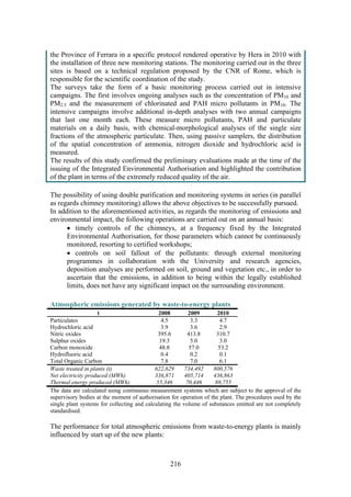 216
the Province of Ferrara in a specific protocol rendered operative by Hera in 2010 with
the installation of three new monitoring stations. The monitoring carried out in the three
sites is based on a technical regulation proposed by the CNR of Rome, which is
responsible for the scientific coordination of the study.
The surveys take the form of a basic monitoring process carried out in intensive
campaigns. The first involves ongoing analyses such as the concentration of PM10 and
PM2.5 and the measurement of chlorinated and PAH micro pollutants in PM10. The
intensive campaigns involve additional in-depth analyses with two annual campaigns
that last one month each. These measure micro pollutants, PAH and particulate
materials on a daily basis, with chemical-morphological analyses of the single size
fractions of the atmospheric particulate. Then, using passive samplers, the distribution
of the spatial concentration of ammonia, nitrogen dioxide and hydrochloric acid is
measured.
The results of this study confirmed the preliminary evaluations made at the time of the
issuing of the Integrated Environmental Authorisation and highlighted the contribution
of the plant in terms of the extremely reduced quality of the air.
The possibility of using double purification and monitoring systems in series (in parallel
as regards chimney monitoring) allows the above objectives to be successfully pursued.
In addition to the aforementioned activities, as regards the monitoring of emissions and
environmental impact, the following operations are carried out on an annual basis:
• timely controls of the chimneys, at a frequency fixed by the Integrated
Environmental Authorisation, for those parameters which cannot be continuously
monitored, resorting to certified workshops;
• controls on soil fallout of the pollutants: through external monitoring
programmes in collaboration with the University and research agencies,
deposition analyses are performed on soil, ground and vegetation etc., in order to
ascertain that the emissions, in addition to being within the legally established
limits, does not have any significant impact on the surrounding environment.
Atmospheric emissions generated by waste-to-energy plants
t 2008 2009 2010
Particulates 4.5 3.3 4.7
Hydrochloric acid 3.9 3.6 2.9
Nitric oxides 395.6 413.8 310.7
Sulphur oxides 19.3 5.0 3.0
Carbon monoxide 48.8 57.0 53.2
Hydrofluoric acid 0.4 0.2 0.1
Total Organic Carbon 7.8 7.0 6.1
Waste treated in plants (t) 622,629 734,492 800,576
Net electricity produced (MWh) 336,871 405,714 436,863
Thermal energy produced (MWh) 55,346 70,446 88,755
The data are calculated using continuous measurement systems which are subject to the approval of the
supervisory bodies at the moment of authorisation for operation of the plant. The procedures used by the
single plant systems for collecting and calculating the volume of substances emitted are not completely
standardised.
The performance for total atmospheric emissions from waste-to-energy plants is mainly
influenced by start up of the new plants:
 