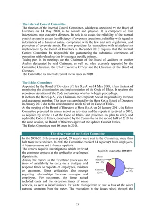 23
The Internal Control Committee
The function of the Internal Control Committee, which was appointed by the Board of
Directors on 14 May 2008, is to consult and propose. It is composed of four
independent, non-executive directors. Its task is to assess the reliability of the internal
control system to ensure the efficiency of corporate operations, reliability with regard to
information of a financial nature, compliance with the law and with regulations, and
protection of corporate assets. The new procedure for transactions with related parties
implemented by the Board of Directors in December 2010 requires that the Internal
Control Committee be responsible for guaranteeing the substantial correctness of
operations with related parties by issuing a specific opinion.
Taking part in its meetings are the Chairman of the Board of Auditors or another
Auditor designated by said Chairman, as well as, when expressly requested by the
Committee Chairman, the Chief Executive Officer and the Chairman of the Board of
Directors.
The Committee for Internal Control met 6 times in 2010.
The Ethics Committee
Appointed by the Board of Directors of Hera S.p.A. on 14 May 2008, it has the task of
monitoring the dissemination and implementation of the Code of Ethics. It receives the
reports on violations of the Code and assesses whether to begin proceedings.
It includes the Hera S.p.A. Vice Chairman, the Corporate Social Responsibility Director
and an external member. The latter was appointed by the Hera S.p.A. Board of Directors
in January 2010 due to the amendment to article 60 of the Code of Ethics.
At the meeting of the Board of Directors of Hera S.p.A. on 26 January 2011, the Ethics
Committee presented its annual report on activities and the reports it received in 2010,
as required by article 71 of the Code of Ethics, and presented the plan to verify and
update the Code of Ethics, coordinated by the Committee in the second half of 2010. In
the same session, the Board of Directors approved the updated Code of Ethics.
The Ethics Committee met 10 times in 2010.
The three years of the Ethics Committee
In the 2008-2010 three-year period, 39 reports were sent to the Committee, more than
half from the workforce. In 2010 the Committee received 14 reports (9 from employees,
4 from customers and 1 from a supplier).
The reports required investigations which involved
the corporate contacts at the applicable or reference
departments.
Among the reports in the first three years was the
issue of availability to carry on a dialogue and
response times to requests of employees, residents
or customers. Some criticalities also emerge
regarding relationships between managers and
employees. For customers, the issues raised
included costs and the execution times of some
services, as well as inconvenience for waste management or due to loss of the water
network upstream from the meter. The resolutions to the issues raised through the
Reports by stakeholder 2008/2010
Employe
es 57%
Customer
s 28%
Other
stakehold
ers 15%
 