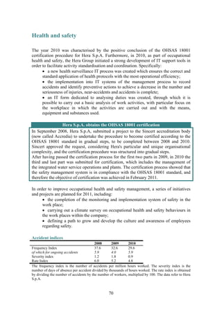 70
Health and safety
The year 2010 was characterised by the positive conclusion of the OHSAS 18001
certification procedure for Hera S.p.A. Furthermore, in 2010, as part of occupational
health and safety, the Hera Group initiated a strong development of IT support tools in
order to facilitate activity standardisation and coordination. Specifically:
• a new health surveillance IT process was created which ensures the correct and
standard application of health protocols with the most operational efficiency;
• the implementation into IT systems of the management process to record
accidents and identify preventive actions to achieve a decrease in the number and
seriousness of injuries, near-accidents and accidents is complete;
• an IT form dedicated to analysing duties was created, through which it is
possible to carry out a basic analysis of work activities, with particular focus on
the workplace in which the activities are carried out and with the means,
equipment and substances used.
Hera S.p.A. obtains the OHSAS 18001 certification
In September 2008, Hera S.p.A, submitted a project to the Sincert accreditation body
(now called Accredia) to undertake the procedure to become certified according to the
OHSAS 18001 standard in gradual steps, to be completed between 2008 and 2010.
Sincert approved the request, considering Hera's particular and unique organisational
complexity, and the certification procedure was structured into gradual steps.
After having passed the certification process for the first two parts in 2009, in 2010 the
third and last part was submitted for certification, which includes the management of
the integrated water service operations and plants. The certification process showed that
the safety management system is in compliance with the OHSAS 18001 standard, and
therefore the objective of certification was achieved in February 2011.
In order to improve occupational health and safety management, a series of initiatives
and projects are planned for 2011, including:
• the completion of the monitoring and implementation system of safety in the
work place;
• carrying out a climate survey on occupational health and safety behaviours in
the work places within the company;
• defining a path to grow and develop the culture and awareness of employees
regarding safety.
Accident indices
2008 2009 2010
Frequency Index 37.6 32.6 29.6
of which for ongoing accidents 5.9 4.0 5.9
Severity index 1.2 1.8 0.9
Rate Index 6.0 5.2 4.8
The frequency index is the number of accidents per million hours worked. The severity index is the
number of days of absence per accident divided by thousands of hours worked. The rate index is obtained
by dividing the number of accidents by the number of workers, multiplied by 100. The data refer to Hera
S.p.A.
 