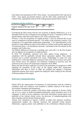 76
Four strikes were announced in 2010. Three strikes - two promoted by CGIL and one by
CUB - were against government policies, and the other strike, announced by only
Filctem CGIL, regarded the renewal of the Federgasacqua national labour contract.
Litigation with the workforce
(No.) 2008 2009 2010
Litigation pending at the close of the
year
40 55 40
Considering the Hera Group with the sole exclusion of Marche Multiservizi, as at 31
December 2010 36 cases of litigation were pending (of which 17 initiated in 2010), with
specific balance sheet provisions made in view of the consequent costs.
Of these, 5 were for recognition of a higher position, 5 were for dismissal due to just
cause or completion of protected periods, 3 for nullity of the fixed-term contract, 4 for
recognition of an open-ended employment relationship, 11 for indemnification of the
payment of wage differences (due to joint liability in contract work) and the application
of contractual terms, 1 for disciplinary sanctions, 2 promoted in the first instance by the
company, and 5 other cases.
The Marche Multiservizi Group has 4 pending cases with staff, 2 in the first instance
and 2 in appeals, for recognition of a higher position.
In 2010, 187 disciplinary measures were taken against Group employees, in
compliance with the applicable national labour agreements applied. They mainly
involved oral or written reprimands (103 cases), withholdings on salary (56 cases
totalling Euro 3,328) and temporary suspensions from work (22 less serious cases and 6
more serious cases). No employee was dismissed. Compared to previous years the
sanctions are less serious (28 suspensions compared to 46 in 2009).
Please note that the three employees involved in the preliminary investigations in 2009
regarding the possibility of the crime of bid rigging ended their employment
relationship with Hera in 2010. In 2009, the company had adopted a cautionary
suspension measure from service against the employees while waiting for the outcome
of the proceeding in their regard.
Internal communication
During 2010, the improvement of instruments of communication with the workforce
continued, while new initiatives were launched to enhance cohesion in the name of
involvement, integration and transparency.
The activities to enrich the contents of the House Organ continued, to favour a better
use of it as a source of useful and updated information, which announces news to all
colleagues. In order to involve employees with timely information, special reports were
published on the internal climate survey, the processes of merging/integrating with
other companies and the Group's financial results.
Articles were introduced to improve visibility of plants that represent excellence,
organisational updates, the corporate structures and important Group projects.
Furthermore, ongoing articles were published on the certifications obtained, privacy,
 