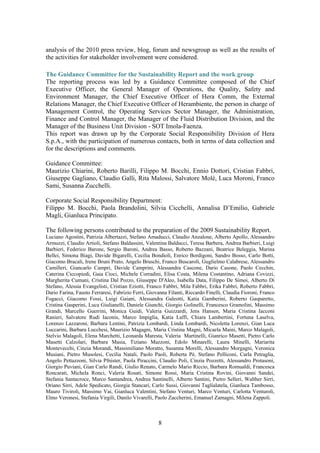8
analysis of the 2010 press review, blog, forum and newsgroup as well as the results of
the activities for stakeholder involvement were considered.
The Guidance Committee for the Sustainability Report and the work group
The reporting process was led by a Guidance Committee composed of the Chief
Executive Officer, the General Manager of Operations, the Quality, Safety and
Environment Manager, the Chief Executive Officer of Hera Comm, the External
Relations Manager, the Chief Executive Officer of Herambiente, the person in charge of
Management Control, the Operating Services Sector Manager, the Administration,
Finance and Control Manager, the Manager of the Fluid Distribution Division, and the
Manager of the Business Unit Division - SOT Imola-Faenza.
This report was drawn up by the Corporate Social Responsibility Division of Hera
S.p.A., with the participation of numerous contacts, both in terms of data collection and
for the descriptions and comments.
Guidance Committee:
Maurizio Chiarini, Roberto Barilli, Filippo M. Bocchi, Ennio Dottori, Cristian Fabbri,
Giuseppe Gagliano, Claudio Galli, Rita Malossi, Salvatore Molè, Luca Moroni, Franco
Sami, Susanna Zucchelli.
Corporate Social Responsibility Department:
Filippo M. Bocchi, Paola Brandolini, Silvia Cicchelli, Annalisa D’Emilio, Gabriele
Magli, Gianluca Principato.
The following persons contributed to the preparation of the 2009 Sustainability Report.
Luciano Agostini, Patrizia Albertazzi, Stefano Amaducci, Claudio Anzalone, Alberto Apollo, Alessandro
Armuzzi, Claudio Artioli, Stefano Baldassini, Valentina Balducci, Teresa Barbera, Andrea Barbieri, Luigi
Barbieri, Federico Barone, Sergio Baroni, Andrea Basso, Roberto Bazzani, Beatrice Beleggia, Marina
Bellei, Simona Biagi, Davide Bigarelli, Cecilia Bondioli, Enrico Bordigoni, Sandro Bosso, Carlo Botti,
Giacomo Bracali, Irene Bruni Prato, Angelo Bruschi, Franco Buscaroli, Guglielmo Calabrese, Alessandro
Camilleri, Giancarlo Campri, Davide Camprini, Alessandra Cascone, Dario Casone, Paolo Cecchin,
Caterina Ciccopiedi, Gaia Cioci, Michele Corradini, Elisa Costa, Milena Costantino, Adriana Covizzi,
Margherita Cumani, Cristina Dal Pozzo, Giuseppe D'Aleo, Isabella Data, Filippo De Simoi, Alberto Di
Stefano, Alessia Evangelisti, Cristian Eziotti, Franco Fabbri, Mila Fabbri, Erika Fabbri, Roberto Fabbri,
Dario Farina, Fausto Ferraresi, Fabrizio Ferri, Giovanna Filanti, Riccardo Finelli, Claudia Fioroni, Franco
Fogacci, Giacomo Fossi, Luigi Gaiani, Alessandra Galeotti, Katia Gamberini, Roberto Gasparetto,
Cristina Gasperini, Luca Giulianelli, Daniele Giunchi, Giorgio Golinelli, Francesco Gramolini, Massimo
Grandi, Marcello Guerrini, Monica Guidi, Valeria Guizzardi, Jens Hansen, Maria Cristina Iacconi
Ranieri, Salvatore Rudi Iaconis, Marco Impiglia, Katia Laffi, Chiara Lambertini, Fortuna Laselva,
Lorenzo Lazzaroni, Barbara Lentini, Patrizia Lombardi, Linda Lombardi, Nicoletta Lorenzi, Gian Luca
Luccarini, Barbara Lucchesi, Maurizio Magagni, Maria Cristina Magni, Micaela Maini, Marco Malagoli,
Stelvio Malagoli, Elena Marchetti, Leonarda Maresta, Valeria Martinelli, Gianrico Masetti, Pietro Carlo
Masetti Calzolari, Barbara Masia, Tiziano Mazzoni, Edolo Minarelli, Laura Minelli, Mariarita
Montevecchi, Cinzia Morandi, Massimiliano Moratto, Susanna Morelli, Alessandro Morgagni, Veronica
Musiani, Pietro Musolesi, Cecilia Natali, Paolo Paoli, Roberta Pè, Stefano Pelliconi, Carla Petraglia,
Angelo Pettazzoni, Silvia Pfnister, Paola Piraccini, Claudio Poli, Cinzia Pozzetti, Alessandro Protasoni,
Giorgio Puviani, Gian Carlo Randi, Giulio Renato, Carmelo Mario Riccio, Barbara Romualdi, Francesca
Roncarati, Michela Ronci, Valeria Rosati, Simone Rossi, Maria Cristina Rovini, Giovanni Sandei,
Stefania Santacroce, Marco Santandrea, Andrea Santinelli, Alberto Santini, Pietro Selleri, Walther Sirri,
Oriano Sirri, Adele Spedicato, Giorgia Stancari, Carlo Sussi, Giovanni Taglialatela, Gianluca Tambosso,
Mauro Tiviroli, Massimo Vai, Gianluca Valentini, Stefano Venturi, Marco Venturi, Carlotta Venturoli,
Elmo Veronesi, Stefania Virgili, Danilo Vivarelli, Paolo Zaccherini, Emanuel Zamagni, Milena Zappoli.
 