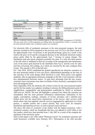 91
The electricity bill
Euro 2008 2009 2010
Energy quota 265.93 248.24 214.18
Dispatching quota 23.42 20.80 24.01
Distribution and sales quota 75.12 83.91 83.83 Attributable to Hera: 20%
out of the total bill
System charges 40.83 37.05 43.96
Tax 22.36 22.36 20.97
VAT (10%) 42.77 41.24 38.69
Total 470.42 453.60 425.64
Bill for a residential customer with an installed capacity of 3kW and a yearly consumption of 2,700 kWh.
The grey areas refer to tariff components not falling under the responsibility of Hera. A customer from
the most protected market with a residential contract was considered.
For electricity bills of residential customers in the most protected category, the total
decrease recorded in 2010 compared to the previous year (-6.2%) is the direct result of
the approximately Euro 34 decrease in the generation/energy quota (as a result of the
trend in the price of oil and the consequent decrease in the wholesale electricity market
price), partly offset by the approximately Euro 7 increase in system charges. The
distribution and sales quota remained essentially the same. It is only this latter portion
of the bill which is attributed to Hera for coverage of the management and maintenance
costs of the power grid incurred by the distributor Hera S.p.A. and the costs for sales
activities (invoicing, bill sending, etc.) which are incurred by the sales company Hera
Comm. This amount is 20% of the bill total.
On 1 July 2010, AEEG established the gradual introduction for domestic customers in
the most protected market of twin rate prices, differentiated depending on the time of
day and days of the week during which electricity is used. These prices were applied
gradually, after an appropriate disclosure campaign on the bill, to all consumers with the
new reprogrammed electronic meters. To gain more advantage from the new system,
customers must concentrate more than two-thirds of their electricity consumption in the
most advantageous hours.
Since September 2010, the domestic bill of Hera Comm for the most protected market
and for the free market was updated, including in advance the billing document goals of
simplification, comparability and harmonisation established by AEEG in resolution
ARG/com no. 202/09. The new bill highlights a summary box where the customer can
immediately find the most pertinent information (characteristic information of the
supply, consumption, readings, summary of invoice amounts), and a detailed area
broken down into the macro-items characteristic of the service: sales services (with
details about each item applied), network services (aggregated by application in a fixed
portion, a variable portion and a power portion, they cover costs for transport,
distribution and metering services, as well as general costs) and taxes.
The above bill refers to customers of the market with the highest protection, with a
residential contract, which are households that have not adhered to tariff offers in the
free market, which have been possible from 1 July 2007 as a result of the complete de-
regulation of the electricity sector.
Hera Comm began a new offer called "Momento Giusto" for residential customers and
small businesses, available since February 2011. Participation in the offer provides
 