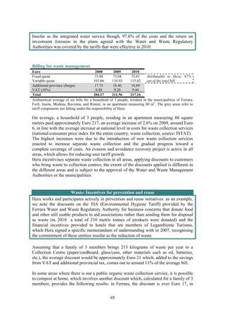 95
Insofar as the integrated water service though, 97.6% of the costs and the return on
investment foreseen in the plans agreed with the Water and Waste Regulatory
Authorities was covered by the tariffs that were effective in 2010.
Billing for waste management
Euro 2008 2009 2010
Fixed quota 73.88 73.04 73.81
Variable quota 103.66 110.93 115.02
Attributable to Hera: 87%
out of the total bill
Additional province charges 17.75 18.40 18.89
VAT (10%) 8.88 9.20 9.44
Total 204.17 211.56 217.16
Arithmetical average of six bills for a household of 3 people, resident in the municipalities of Ferrara,
Forlì, Imola, Modena, Ravenna, and Rimini, in an apartment measuring 80 m2
. The grey areas refer to
tariff components not falling under the responsibility of Hera.
On average, a household of 3 people, residing in an apartment measuring 80 square
metres paid approximately Euro 217, an average increase of 2.6% on 2009, around Euro
6, in line with the average increase at national level in costs for waste collection services
(national consumer price index for the entire country, waste collection, source: ISTAT).
The highest increases were due to the introduction of new waste collection services
enacted to increase separate waste collection and the gradual progress toward a
complete coverage of costs. An evasion and avoidance recovery project is active in all
areas, which allows for reducing user tariff growth.
Hera incentivises separate waste collection in all areas, applying discounts to customers
who bring waste to collection centres; the extent of the discounts applied is different in
the different areas and is subject to the approval of the Water and Waste Management
Authorities or the municipalities.
Waste: Incentives for prevention and reuse
Hera works and participates actively in prevention and reuse initiatives: as an example,
we note the discounts on the TIA (Environmental Hygiene Tariff) provided by the
Ferrara Water and Waste Regulatory Authority for business concerns that donate food
and other still usable products to aid associations rather than sending them for disposal
as waste (in 2010 a total of 210 metric tonnes of products were donated) and the
financial incentives provided to hotels that are members of Legambiente Turismo,
which Hera signed a specific memorandum of understanding with in 2007, recognising
the commitment of these entities insofar as the reduction of waste.
Assuming that a family of 3 members brings 213 kilograms of waste per year to a
Collection Centre (paper/cardboard, glass/cans, other materials such as oil, batteries,
etc.), the average discount would be approximately Euro 21 which, added to the savings
from VAT and additional provincial tax, comes out to around 11% of the average bill.
In some areas where there is not a public organic waste collection service, it is possible
to compost at home, which involves another discount which, calculated for a family of 3
members, provides the following results: in Ferrara, the discount is over Euro 17, in
 