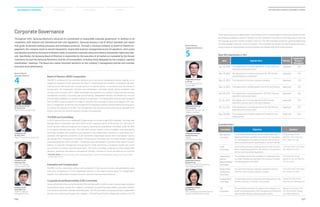 Major BOD Agenda Items in 2013
Committee Status
Date Agenda Items Decision
Independent
Directors’
Attendance
Jan. 25, 2013 Three agenda items including approval of ‘12 (44th
) financial
statements and business report
Approved 4/4
Feb. 15, 2013 Two agenda items including convening of the 44th Annual
General Meeting of shareholders
Approved 3/3
Feb. 25, 2013 Fund allocation for the new corporate foundation Approved 3/3
Mar. 15, 2013 Three agenda items including appointment of CEO and Directors Approved 5/5
Apr. 26, 2013 Four agenda items including approval of 1Q13 (45th
) financial
statements and business report
Approved 4/5
Jul. 26, 2013 Four agenda items including approval of 2H13 financial
statements, business report, and interim dividend
Approved 5/5
Oct. 25, 2013 Three agenda items including approval of the 3Q13 financial
statements and business report
Approved 5/5
Nov. 29, 2013 Three agenda items including approval of transactions with
affiliate persons
Approved 5/5
Committee Objectives Members
Management
Committee
The committee deliberates and decides matters either del-
egated by the Board, specified in the Articles of Incorporation,
or in the Regulation of the Board of Directors with the aim of
enhancing professionalism and efficiency in decision-making.
Oh-Hyun Kwon (Chair),
Boo-Keun Yoon, Jong-Kyun
Shin, Sang-Hoon Lee
Audit
Committee
The committee conducts auditing functions under the stipu-
lation of governing regulations, the Articles of Incorporation,
and the Audit Committee Regulations.
In-Ho Lee (Chair), Han-Joong
Kim, Kwang-Soo Song
Independent
Director
Recommendation
Committee
The committee recommends candidates for independent direc-
tors under the governing regulations, the Articles of Incorpora-
tion, and Regulations of the BOD.
Han-Joong Kim (Chair),
Byeong-Gi Lee, Eun-Mee Kim,
Oh-Hyun Kwon
Related Party
Transactions
Committee
The committee enhances corporate transparency and pro-
motes fair trade through compliance program.
In-Ho Lee (Chair), Han-Joong
Kim, Kwang-Soo Song
Compensation
Committee
The committee enhances objectivity and transparency in the
process of decision of directors’ remuneration.
Kwang-Soo Song (Chair),
Sang-Hoon Lee, Byeong-Gi Lee
CSR
Committee
The committee supervises and supports the company’s Cor-
porate Social Responsibility (CSR) management activities and
other activities aimed at promoting public welfare.
Byeong-Gi Lee (Chair), In-Ho
Lee, Han-Joong Kim, Kwang-
Soo Song, Eun-Mee Kim
Board of Director
(Executive Directors)
Board of Director
(Independent Directors)
4
5
Vice Chairman  CEO
Oh-Hyun Kwon
Head of Device Solutions (DS)
President  CEO
Bu-Geun Yoon
Head of Consumer Electronics (CE)
President  CEO
Jong-Gyun Shin
Head of IT  Mobile
Communications (IM)
President  CFO
Sang-Hoon Lee
Head of Corporate
Management Office
Independent Director
Eun-Mee Kim
Dean, Graduate School of International
Studies, Ewha Womans University
Independent Director
Byeong-Gi Lee
Professor of Electrical Engineering,
Seoul National University
Independent Director
Kwang-Soo Song
Advisor,
Kim  Chang Law Office
Independent Director
Han-Joong Kim
President  Chairman, CHA
Strategy Committee
Independent Director
In-Ho Lee
Former President  CEO
Shinhan Bank
Corporate Governance
Throughout 2013, Samsung Electronics advanced its commitment to responsible corporate governance. In addition to its
compliance with national and international laws and regulations, Samsung employs a set of ethical standards and values
that guide its decision making processes and workplace protocols. Through a structure centered on board of director en-
gagement, the company works to ensure transparent, responsible business management across all operations. Each policy
and decision enacted by the board of directors seeks to maximize corporate value and enhance shareholder rights and inter-
ests. Specifically, the Samsung Board of Directors is responsible for the execution of all matters as mandated by the Korean
Commerce Act and the Samsung Electronics Articles of Incorporation, including those delegated by the company’s general
shareholders’ meetings. The Board also makes important decisions on the company’s management policies and oversees
executive work performance.
Board of Directors (BOD) Composition
The BOD is composed of four executive directors and a five-person independent director majority, an ar-
rangement designed to both guarantee the Board’s independence and establish a transparent decision-
making process with inputs from a broad spectrum of outside experts. In accordance with the Articles of
Incorporation, the Independent Directors Recommendation Committee initially selects candidates from
among a pool of experts with in-depth knowledge and experience in a variety of areas including business
management, economy, accounting, law and technology. Independent directors are elected from the pool
of nominated candidates at a general meeting of shareholders. The independent directors meet separately
from the BOD’s executive directors in order to promote a free exchange of ideas on all aspects of the com-
pany’s management. All directors are prohibited from engaging in business activities within the same indus-
try without the approval of the BOD. This arrangement helps prevent conflicts of interest as specified in the
Korean Commerce Act and the company’s Articles of Incorporation.
The BOD and Committees
In 2013, Samsung Electronics addressed 23 agenda items at a total of eight BOD meetings. The three-year
average director attendance rate (2011-2013) for BOD meetings stands at 94 percent. For swift and ef-
ficient decision-making throughout the company, Samsung has established committees under the BOD
in accordance with pertinent laws. The BOD refers certain matters to the committees to be reviewed by
committee members with experience and expertise in the related fields. Presently, six committees are in
operation: Management Committee, Audit Committee, Independent Director Recommendation Commit-
tee, Related Party Transactions Committee, Compensation Committee, and the newly-formed Corporate
Social Responsibility (CSR) Committee. The Related Party Transactions Committee helps boost the trans-
parency of corporate management through the Fair Trade Autonomous Compliance System and carries
out activities to enhance corporate governance. The Audit Committee, comprised of three independent
directors, supervises and supports management through a process of checks and balances to maximize
corporate value.
Evaluation and Compensation
The BOD and the committees conduct self-evaluations of their annual activities and participation rates
every year. Compensation for the independent directors is not linked to performance. For independence
reasons, the compensation includes only basic salary and business travel expenses.
Corporate Social Responsibility (CSR) Committee
Samsung Electronics has recently formed the CSR Committee within its BOD in order to ensure legal compliance
around ethical issues, oversee the company’s contribution to promoting public welfare, and guide initiatives
that satisfy our ambitious corporate citizenship goals. The CSR Committee is composed entirely of independent
directors who supervise and support the company’s CSR and Shared Growth management activities. The CSR
Committee has set up secondary research committees in which external experts conduct joint research on mat-
ters requiring professional review. Currently, the CSR Committee is focused on researching ways to promote
the corporate ecosystem and the company’s roles in it. The CSR Committee recognizes a growing opportunity
to further broaden Samsung’s social contribution. The committee also ensures that Samsung Electronics pro-
motes a culture of shared growth among the partners and vendors with whom it does business.
_
For further details about the committees and meeting agenda items, please visit the Data Analysis, Retrieval and Transfer System
at http://dart.fss.or.kr
016
2014 Samsung Electronics Sustainability Report
017
Sustainability Overview Material Issues Facts  Figures Appendices
 