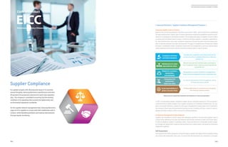 As a global company with 38 production bases in 15 countries
around the globe, Samsung Electronics manufactures more than
90 percent of its production volume at its world-class operation
sites. The company is committed to ensuring that the working
conditions of its operating sites exceeds the highest labor and
environmental regulations worldwide.
On the supplier network management level, Samsung Electronics
urges all of its suppliers to comply with their established code of
conduct, while identifying problems and making improvements
through regular monitoring.
Supplier Compliance
| Samsung Electronics’ Supplier Compliance Management Programs |
Samsung Supplier Code of Conduct
Based on the five Samsung Business Principles announced in 2005, Samsung Electronics established
the Samsung Electronics Global Code of Conduct that serves as behavioral guidelines and ethical stan-
dards for its employees in all business activities. The company also urges its suppliers to join its effort
to comply with the Global Code of Conduct. In efforts to enhance suppliers’ compliance capability lev-
els, Samsung Electronics also raises compliance awareness through education and encouraging sup-
pliers to identify problems and make improvements through the establishment of inspection-related
processes. A dedicated supplier compliance organization has established a curriculum and education
system based on the Electronic Industry Citizenship Coalition (EICC) Code of Conduct.
In 2013, the dedicated supplier compliance support group conducted training for CEOs and person-
nel/environmental safety managers from supplier companies on compliance-related issues. For sup-
pliers that handle hazardous substances and require management of waste water and air pollutants,
the company offered special environmental training courses, including a 24-hour course for new em-
ployees and make numbers uniform courses for existing employees.
Compliance Management Status Diagnosis
Suppliers are mandated to strictly comply with standards specified in the Samsung Supplier Code of
Conduct while abiding by local laws and meeting international standards on labor and human rights.
In order to diagnose suppliers’ compliance status, Samsung Electronics continually monitors suppli-
ers through self-assessments, audits by Samsung Electronics expert teams, and audits by third-party
independent agencies.
Self-Assessment
SamsungElectronicsoffersadiagnosischecklisttohelpitssuppliersself-diagnosetheircompliancestatus
and conduct self-assessments once a year. To ensure that self-assessments are conducted in a transpar-
codeofconduct
EICCElectronic Industry Citizenship Coalition
| Behavioral and Judgmental Guidelines and Standards for Samsung Employees |
Promoting fair competition in accordance with the law
and business ethics; protecting information on business
partners, etc.
Making a strict distinction between public and private af-
fairs in employees’ duties; creating a sound organizational
atmosphere, etc.
Placingpriorityoncustomersatisfactioninmanagementac-
tivities;pursuingmanagementfocusedonshareholdervalue
Pursuing environmentally-friendly management; valuing
the health and safety of people
Building relationships of co-existence and co-prosperity
with Samsung’s business partners
Compliance with laws
and ethical standards
Maintenance of a clean
organizational culture
Respect for customers,
shareholders,
and employees
Caring about the
environment,
health and safety
Social responsibility as a
global corporate citizen
2014 Samsung Electronics Sustainability Report
063062
 