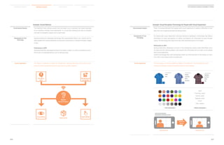 Environmental Analysis The inability to hear ordinary sounds, such as a baby’s cry or a doorbell, can create challenges
for an individual. Perhaps more importantly, it is crucial that individuals are able to recognize
and react to emergency signals such as alarm bells.
Development of Core
Technology
Samsung Electronics developed technology that automatically detects such sounds and en-
ables people with hearing impairments to perceive visual alarms or vibration through a display
screen.
Performance in 2013
Samsung Electronics developed functions that detect a baby’s cry with a smartphone and in-
forms users via wearable devices such as Samsung Gear.
Product Application The feature is available on Galaxy S5 smartphones. Samsung Electronics will continue to en-
hance functions and performance through continuous RD activities.
Environmental Analysis There is increased demand from people with visual impairments to address difficulties in their
daily lives such as getting dressed and taking photos.
Development of Core
Technology
For people with visual impairment, Samsung Electronics developed a technology that detects
information on colors and patterns of clothes, and delivers the information to users through
sound. The technology also helps them take well-composed pictures of an object.
Performance in 2013
Samsung Electronics developed a function in the smartphone camera screen that detects up to
33 colors and five clothing patterns and converts the information into an audio cue for people
with visual impairments.
Another technology helps users photograph others by informing them of the location of a per-
son’s face in the camera screen via audio cues.
Product Application The technology is currently available on Galaxy S5 smartphones. Samsung Electronics will
continue to enhance functions and performance on future devices.
Example: Sound Detector Example: Visual Perception Technology for People with Visual Impairment
Facehasbeendetected
Andlocatedonleftsideofscreen
Movedeviceleft Takepicturenow
Solid
Blue
Stripes
LightBlue
White
DarkBlue
Checkers
DarkRed
White
Red
| Color Information | | Pattern Information |
“solid”
“horizontal_stripe”
“vertical_stripe”
“diagonal_stripe”
“check”
“other_pattern”
Move the
Device
076
2014 Samsung Electronics Sustainability Report
077
Sustainability Overview Material Issues Facts  Figures Appendices
Emergency
alarm
Priorlearningand
userdefinition
DigitalEar
Sound perception
Haptic delivery
Parcel service
Visual delivery
 
