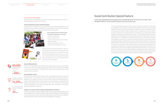 090
2014 Samsung Electronics Sustainability Report
091
Sustainability Overview Material Issues Facts  Figures Appendices
Volunteers, who went to the Democratic Republic of Congo for vol-
unteer activities in 2012, still remember the children there who did
not have enough storybooks to read. The employees took it upon
themselves to make storybooks and provide them to the children
as gifts. The book donation event was attended by 600 employees
and a total of KRW 8.5 million was raised. Storybooks were deliv-
ered to Congo, Tanzania, and Senegal.
Samsung Employee Overseas Volunteer Program
(172 members in eight teams in six countries)
ㆍVietnam: E-learning centers
ㆍEthiopia: Computer classes
ㆍZambia: Improvement of residential environment
ㆍMyanmar: E-libraries
ㆍIndia: Computer classes, science labs
ㆍCambodia: Remodeling facilities for children
Support for the Underprivileged
Samsung Electronics is implementing “warm sharing” for people who need assistance, not only in lo-
cal communities, but in every corner of the world.
Samsung Employee Overseas Volunteer Program
Samsung Electronics’ Employee Overseas Volunteer Service groups share their knowledge, skills, and
experiences with local residents in Africa and Asia to help combat the countries poverty and achieve
sustainable development, thus improving the quality of life for local residents.
Nanum Walking Festival
The Nanum (sharing) Walking Festival was held in five locations across the nation including Yongin,
Cheonan, Gumi, Asan, and Hwaseong. Approximately 60,000 citizens and employees participated
in the festival, walking together. The KRW 600 million raised during the day was donated to needy
neighbors in local communities.
Samsung Dream Concert
Samsung Electronics held the Samsung Dream Concert, an educational festival offering career infor-
mation and advice to young students, in cities where its operation sites are located including Suwon,
Hwaseong, Gumi, Gwangju, and Onyang. The Dream Concert consists of experiental programs, in-
cluding a “self-understanding hall” where students can test their aptitude; a “job experience hall”
where students explored a variety of jobs first-hand; and a “career counseling hall” where experts
and Samsung employees serve as mentors to provide career advice. The event held in 2013 was at-
tended by 16,300 students and parents.
Support for Cochoear Implant Surgery and Rehabilitation Treatment
Cochlear implant surgery is an operation designed to regain a sense of sound by implanting a device stimulat-
ing the auditory nerve in the cochlear. Samsung Electronics supports 30 children with hearing impairments
from low-income families to receive cochlear implant surgery every year. Samsung Electronics employee vol-
unteersparticipateinthechildren’sspeechtherapyandsocialadaptationtrainingprocess.
60,000participantsinfivecities
acrossthenation
Thenumberofattendeesin
theSamsungDreamConcert
16,300people
Thenumberofpeoplereceiv-
ingcochlearimplantsurgery
everyyear
30people
Supportof
KRW600million
In 2013, Samsung Electronics granted a special incentive amounting to 100 percent of basic salary
to all employees. Then, 10 percent of the incentive was donated to society in the name of individual
employees. The Samsung Corporate Citizenship Unit sought ideas not only from employees, but also
from volunteer service centers located in operation sites, the employee council, and the Commu-
nity Chest of Korea that the company donated social contribution fund. Approximately 100 ideas
proposed by employees were classified into six projects. The six categories included support for
programs and facilities designed to help orphaned youth gain financial independence; improve the
infant fatality rates in underdeveloped countries utilizing smartphones; improve the lives of children
with disabilities by using IT devices; construct public welfare facilities in local communities; support
solar-powered facilities at welfare facilities and help alleviate medical expenses for children with
terminal diseases. With a total of 23,934 employees voting for the projects, the company was thrilled
with the level of commitment to these important causes and ultimately decided to support all the
six categories. Managing Director Jo Si-jeong, the head of the Samsung Corporate Citizenship, com-
mented that each process in which employees propose ideas and select projects is very precious, and
that the social contribution fund had been raised thanks to employee enthusiasm. Moving forward,
the Samsung Corporate Citizenship unit will keep employees updated on detailed implementation
plans, thereby creating a new tradition of donation culture in which all employees participate.
Social Contribution Special Feature
In 2013, Samsung employees received a special bonus to commemorate the 20th
anniversary of the company’s New
Management Initiative - but they donated 10 percent of this bonus for good causes.
Reception of
ideas(100)
Six categories
Employee voting
23,934
employees
Announcement of
voting result
 