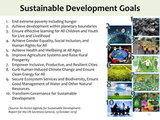 Sustainable Development Goals
1. End extreme poverty including hunger
2. Achieve development within planetary boundaries
3. Ensure effective learning for All Children and Youth
for Live and Livelihood
4. Achieve Gender Equality, Social Inclusion, and
Human Rights for All
5. Achieve Health and Wellbeing at All Ages
6. Improve Agriculture Systems and Raise Rural
Prosperity
7. Empower Inclusive, Productive, and Resilient Cities
8. Curb Human-Induced Climate Change and Ensure
Clean Energy for All
9. Secure Ecosystem Services and Biodiversity, Ensure
Good Management of Water and Other Natural
Resources
10. Transform Governance for Sustainable
Development
(Source: An Action Agenda for Sustainable Development:
Report for the UN Secretary-General, 23 October 2013)
25
 