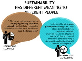 SUSTAINABILITY…
HAS DIFFERENT MEANING TO
DIFFERENT PEOPLE
“…The use of various strategies for
employing existing resources
optimally so that that a responsible
and beneficial balance can be achieved
over the longer term”
PERSPECTIVE:
ECONOMICS
PERSPECTIVE:
AGRICULTURE
“…the act of farming using
principles of ecology, the study
of relationships between
organisms and their
environment…as "an integrated
system of plant and animal
production practices having a
site-specific application that will
last over the long term…"
 