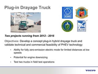 Two projects running from 2012 - 2016
Objectives: Develop a concept plug-in hybrid drayage truck and
validate technical and commercial feasibility of PHEV technology
• Ability for fully zero-emission electric mode for limited distances at low
speeds
• Potential for engine downsizing
• Test two trucks in field test operations
Plug-in Drayage Truck
 