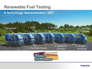 A technology demonstration: 2007
1: Biodiesel
2: Synthetic Diesel
3: DME
4: Methanol/
Ethanol
5: Biogas
6: Biogas +
Biodiesel
7: Hydrogen
+ Biogas
Renewable Fuel Testing
 