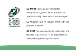 ISO 14001: Focus on environmental
management systems, which allows us to
have full visiblity of our environmental impact.
ISO 45001: Focus on occupational health and
safety of our team.
ISO 9001: Focus on customer satisfaction and
provides requirements for an organization’s
Quality Management System (QMS)
 