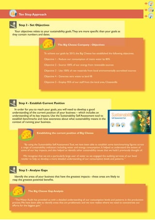 Ten Step Approach


      Step 3 - Set Objectives

  Your objectives relate to your sustainability goals. They are more speciﬁc than your goals as
they contain numbers and dates.


                                           The Big Cheese Company - Objectives


                              To achieve our goals by 2015, the Big Cheese has established the following objectives.

                              Objective 1 - Reduce our consumption of mains water by 80%

                              Objective 2 - Source 100% of our energy from renewable sources

                              Objective 3 - Use 100% of raw materials from local environmentally accredited sources

                              Objective 4 - Generate zero waste to land ﬁll

                              Objective 5 - Employ 95% of our staff from the local area, Cheeseville




     Step 4 - Establish Current Position

  In order for you to reach your goals, you will need to develop a good
understanding of the current position of your business – which includes an
understanding of its key impacts. Use the Sustainability Self Assessment tool to
establish benchmarks and raise awareness about what sustainability means in the
context of running your business.


                       Establishing the current position of Big Cheese



           “By using the Sustainability Self Assessment Tool, we have been able to establish some benchmarking ﬁgures across
        a range of sustainability indicators including water and energy consumption. It helped us understand the extent of
        some of our key impacts, and also helped us identify other sustainability issues that we hadn’t previously thought of.

          We recognise that we are a particularly large user of water so we engaged the auditing services of our local
        retailer to help us develop a more detailed understanding of our consumption levels and patterns. “



      Step 5 - Analyse Gaps

  Identify the areas of your business that have the greatest impacts - these areas are likely to
reap the greatest potential beneﬁts.


              The Big Cheese Gap Analysis


   “The Water Audit has provided us with a detailed understanding of our consumption levels and patterns in the production
process. We have been able to identify areas that are problematic and we now realise where we need to concentrate our
efforts for the biggest gain.”
 