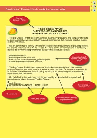 Attachment A - Characteristics of a standard environment policy



          Title and
       Company Name



                                   THE BIG CHEESE PTY LTD
                               DAIRY PRODUCTS MANUFACTURER
                              ENVIRONMENTAL POLICY STATEMENT

   The Big Cheese Pty Ltd is one of Australia’s major dairy producers. The company strives to
 be environmentally aware and actively supports programmes that minimise negative impacts
 on the environment.

   We are committed to comply with relevant legislation and requirements to prevent pollution.
 We seek to understand the effects our activities have on the environment and to continually
 improve its environmental performance by supporting initiatives such as:


   Waste minimisation
   Recycling of natural resources                                               Understanding of
   Reduction of material and energy consumption                               impacts & key action
                                                                                     areas
   Actions to prevent accidental pollution


    The Big Cheese Pty Ltd seeks to ensure that its Environmental plans, objectives and
 progress against these plans are made available to all interested parties and are relevant to
 its activities. We will ensure that this policy and all procedures relating to it are understood,
 implemented and maintained.

   Our belief is that this policy can only be successfully achieved with the support and
 commitment of all employees at The Big Cheese.

   Jack Cheese
   OPERATIONS MANAGER              DATE: 01/2/05                                       Governance &
                                                                                        transparency


Commitment

                                                            Communication / Training
                             Name, title & date                Implementation
 