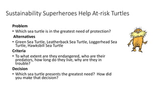 Sustainability Superheroes Help At-risk Turtles
Problem
• Which sea turtle is in the greatest need of protection?
Alternatives
• Green Sea Turtle, Leatherback Sea Turtle, Loggerhead Sea
Turtle, Hawksbill Sea Turtle
Criteria
• To what extent are they endangered, who are their
predators, how long do they live, why are they in
trouble?
Decision
• Which sea turtle presents the greatest need? How did
you make that decision?
 