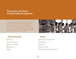 Dimensions and Issues
of Sustainable Development


Science, ecology, civil society, business...each group
or individual promoter of sustainable development
stimulates construction of the new paradigm from
the ﬁeld of action in which it/he/she operates. This
gives rise to the different dimensions of sustainable
development, with each of these being characterized
by a variety of issues or areas of debate:




 Environmental                                                Social
 Pollution                                                    Health and quality of life
 Climate change                                               Education
 Natural disasters                                            Equality
 Biodiversity                                                 Human rights
 Waste                                                        Equal access to opportunities




                                                         26
 