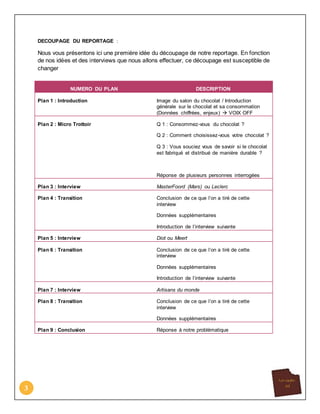 3
DECOUPAGE DU REPORTAGE :
Nous vous présentons ici une première idée du découpage de notre reportage. En fonction
de nos idées et des interviews que nous allons effectuer, ce découpage est susceptible de
changer
NUMERO DU PLAN DESCRIPTION
Plan 1 : Introduction Image du salon du chocolat / Introduction
générale sur le chocolat et sa consommation
(Données chiffrées, enjeux)  VOIX OFF
Plan 2 : Micro Trottoir Q 1 : Consommez-vous du chocolat ?
Q 2 : Comment choisissez-vous votre chocolat ?
Q 3 : Vous souciez vous de savoir si le chocolat
est fabriqué et distribué de manière durable ?
Réponse de plusieurs personnes interrogées
Plan 3 : Interview MasterFoord (Mars) ou Leclerc
Plan 4 : Transition Conclusion de ce que l’on a tiré de cette
interview
Données supplémentaires
Introduction de l’interview suivante
Plan 5 : Interview Diot ou Meert
Plan 6 : Transition Conclusion de ce que l’on a tiré de cette
interview
Données supplémentaires
Introduction de l’interview suivante
Plan 7 : Interview Artisans du monde
Plan 8 : Transition Conclusion de ce que l’on a tiré de cette
interview
Données supplémentaires
Plan 9 : Conclusion Réponse à notre problématique
 