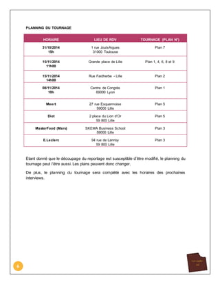 6
PLANNING DU TOURNAGE
Etant donné que le découpage du reportage est susceptible d’être modifié, le planning du
tournage peut l’être aussi. Les plans peuvent donc changer.
De plus, le planning du tournage sera complété avec les horaires des prochaines
interviews.
HORAIRE LIEU DE RDV TOURNAGE (PLAN N°)
31/10/2014
15h
1 rue JoutxAigues
31000 Toulouse
Plan 7
15/11/2014
11h00
Grande place de Lille Plan 1, 4, 6, 8 et 9
15/11/2014
14h00
Rue Faidherbe - Lille Plan 2
08/11/2014
10h
Centre de Congrès
69000 Lyon
Plan 1
Meert 27 rue Esquermoise
59000 Lille
Plan 5
Diot 2 place du Lion d’Or
59 800 Lille
Plan 5
MasterFood (Mars) SKEMA Business School
59000 Lille
Plan 3
E.Leclerc 94 rue de Lannoy
59 800 Lille
Plan 3
 