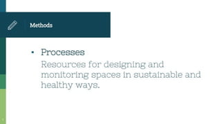 Methods
* Processes
Resources for designing and
monitoring spaces in sustainable and
healthy ways.
 