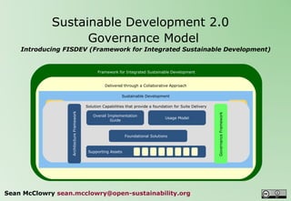   Sustainable Development 2.0   Governance Model Introducing FISDEV (Framework for Integrated Sustainable Development) Sean McClowry  [email_address] Framework for Integrated Sustainable Development Delivered through a Collaborative Approach Sets the new standard for  Information Development  through an Open Source Offering Sustainable Development Enterprise Data Management Enterprise Content Management Information Strategy, Architecture and Governance  Solution Capabilities that provide a foundation for Suite Delivery Supporting Assets Commercial & Open Source  Product Solutions Access, Search and Content Delivery  Business Intelligence Information Asset Management Business Solutions Governance Framework   Architecture Framework Usage Model Overall Implementation Guide Foundational Solutions 