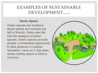EXAMPLES OF SUSTAINABLE
DEVELOPMENT…..
Green Space
Green spaces are locations
where plants and animals are
left to flourish. Parks also fall
into the category of green
spaces. Green spaces provide
people a remarkable opportunity
to take pleasure in outdoor
recreation, more so in big cities,
where resting space is hard to
come by.
 