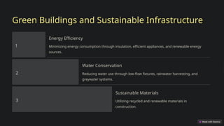 Green Buildings and Sustainable Infrastructure
1
Energy Efficiency
Minimizing energy consumption through insulation, efficient appliances, and renewable energy
sources.
2
Water Conservation
Reducing water use through low-flow fixtures, rainwater harvesting, and
greywater systems.
3
Sustainable Materials
Utilizing recycled and renewable materials in
construction.
 
