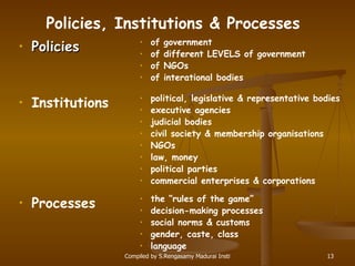 Policies, Institutions & Processes Policies of government of different LEVELS of government of NGOs of interational bodies Institutions Processes political, legislative & representative bodies executive agencies judicial bodies civil society & membership organisations NGOs law, money political parties commercial enterprises & corporations the “rules of the game” decision-making processes social norms & customs gender, caste, class language 
