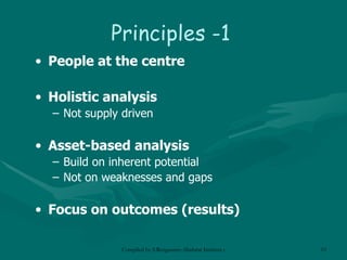 Principles -1 People at the centre Holistic analysis Not supply driven Asset-based analysis Build on inherent potential Not on weaknesses and gaps Focus on outcomes (results) 