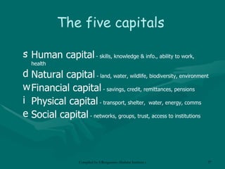 The five capitals Human capital   - skills, knowledge & info., ability to work, health  Natural capital  - land, water, wildlife, biodiversity, environment Financial capital  - savings, credit, remittances, pensions Physical capital  - transport, shelter,  water, energy, comms Social capital  - networks, groups, trust, access to institutions 