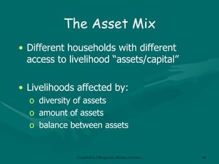The Asset Mix D ifferent households  with  different access to  livelihood  “assets/capital” Livelihoods affected by: diversity  of assets amount of assets   balance  between assets 